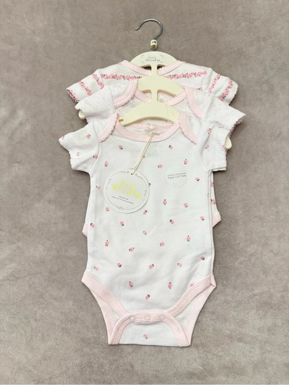 Luxe Threads Baby Girl 0-3M Pima Cotton Bodysuit 3 Pack Floral Pink NWT